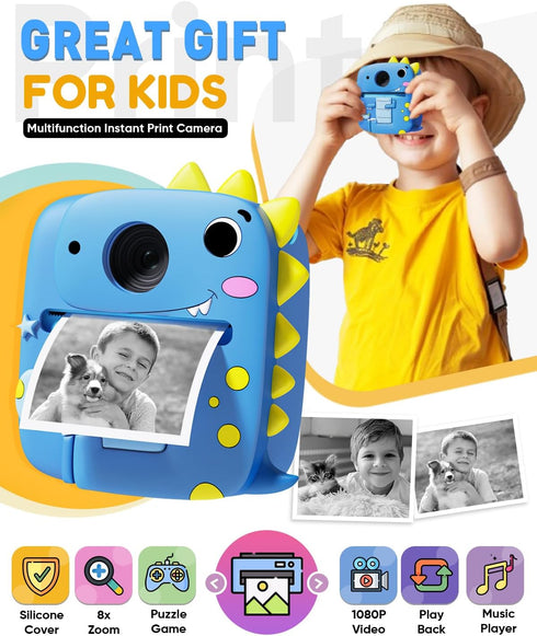 Kids Camera Instant Print, 1080P Digital Camera with Silicone Cover, Portable Travel Toy for Age 3-8, Blue