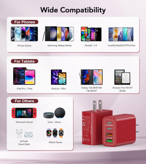 40W USB C Wall Charger, 2-Pack Super Fast Charging Block PD+QC 4 Port Charger Cube for iPad, iPhone, Switch, Smart