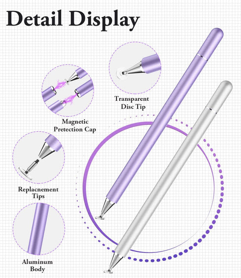 LUNTAK Stylus Pen for iPad, 2 Pcs Universal for Apple/iPhone/iPad Pro/Mini/Air/Android/Microsoft with 4 Tips (Purple &