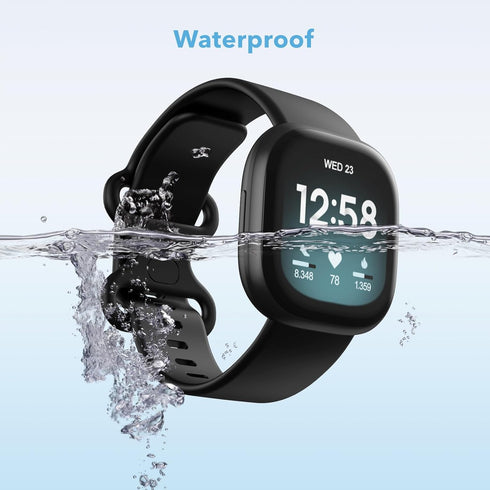 2 Pack Waterproof Bands Compatible with Fitbit Versa 3 / Fitbit Versa 4 / Fitbit Sense/Sense 2 Bands, Classic Soft Sports Replacement Wristbands for Women Men (Small 5.5''-7.1'', black/black)