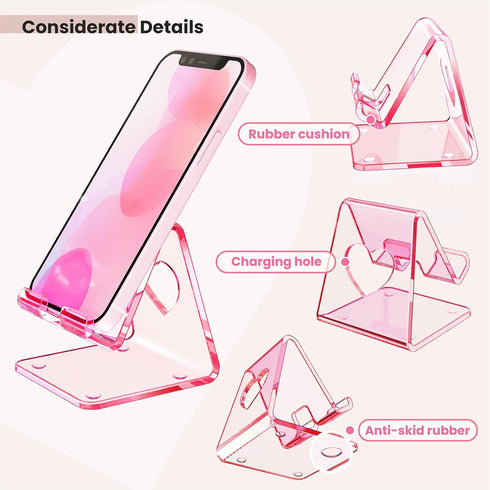 Crpich Acrylic Cell Phone Stand, Portable Clear Pink Phone Holder for Desk, Compatible with iPhone 15/14/13/12/11 Pro