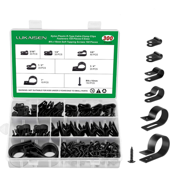 Cable Clips for Cable Management, 300 PCS Nylon R-Type Assortment Kit with M4 Screws for Cord Organizer (6 Sizes)