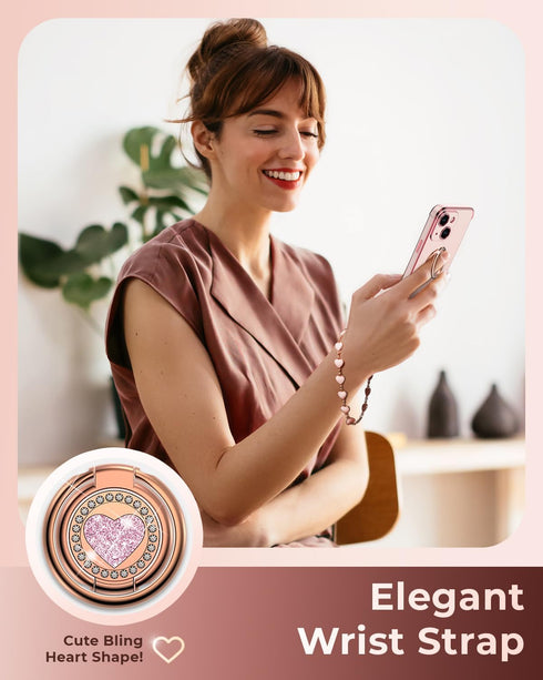 Bling Luxury Heart Case for iPhone 13 Mini - Pink, with Double Ring Kickstand, Protective Case for Women & Girls.