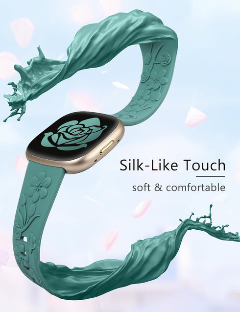 Minyee 2 Pack Floral Engraved Band for Fitbit Versa 4/Versa 3/Sense 2/Sense, Cute Embossed Silicone Wildflower Design