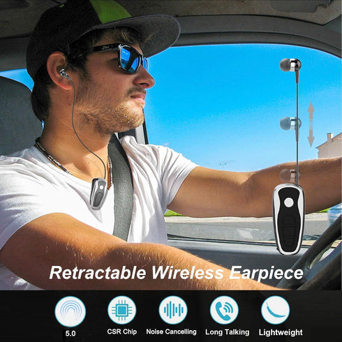 Retractable Wireless Headphone Headset, Lightweight V5.0 Noise Cancelling Mic Clip on Earpiece for Sports, Running,