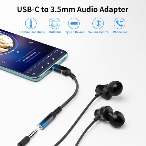 USB Type C to 3.5mm Audio Adapter for Motorola Edge+, iPhone 16, Google Pixel, Nylon Cable to Aux Jack Dongle