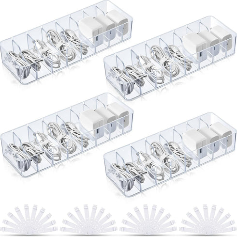 Tatuo 4 Pcs Plastic Cord Storage Organizer Box, Electronics Cable Charger Organizer with Removable Dividers (Clear)