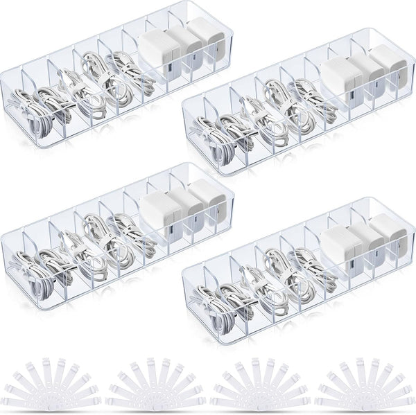 Tatuo 4 Pcs Plastic Cord Storage Organizer Box, Electronics Cable Charger Organizer with Removable Dividers (Clear)