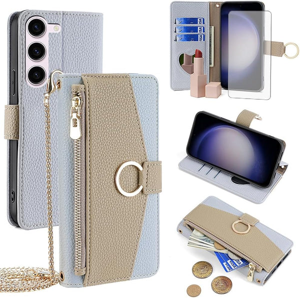 Asuwish Samsung Galaxy S23 5G Wallet Cover with Screen Protector, Mirror Flip, Card Holder, Crossbody Strap, Blue
