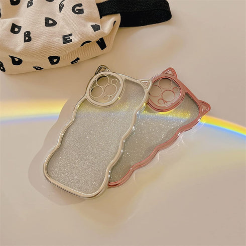 Cute Cat Ears iPhone 11 Case for Women/Girls, Green Glitter Bling, Shockproof, Anti-Scratch, Curly Wave Design.