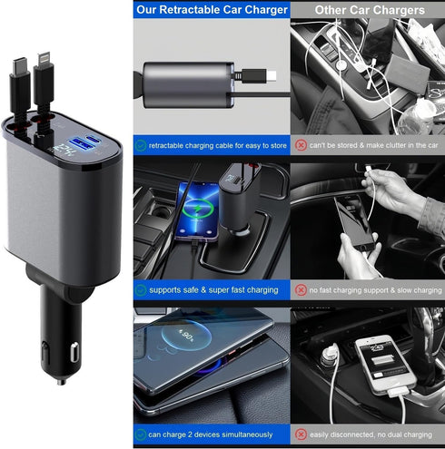 Retractable Car Charger Fast Charging, 66W 4-in-1 USB C Adapter, Compatible with iPhone 15/14/13/12 Pro Max, iPad,