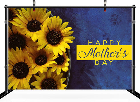 CHNYWORK 7ftx5ft Happy Mother's Day Backdrop Bouquet of Sunflowers with Happy Mother's Day Greeting Words on A Blue