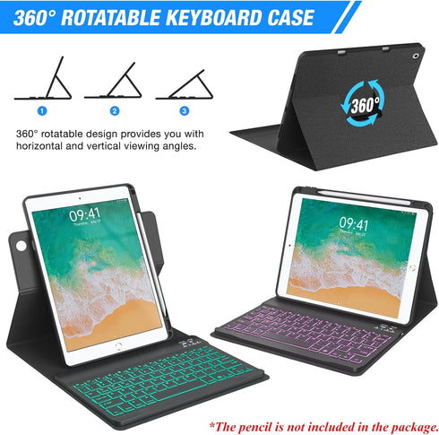 Keyboard Case for iPad 9.7" (5th/6th Gen), 360° Rotatable with Pencil Holder, 7 Color Backlit Bluetooth Keyboard