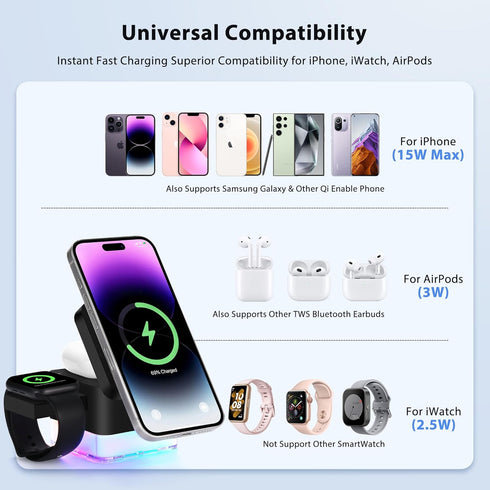 3 in 1 Wireless Charger Stand, Foldable Apple Charging Station Cube with LED Night Light for iPhone