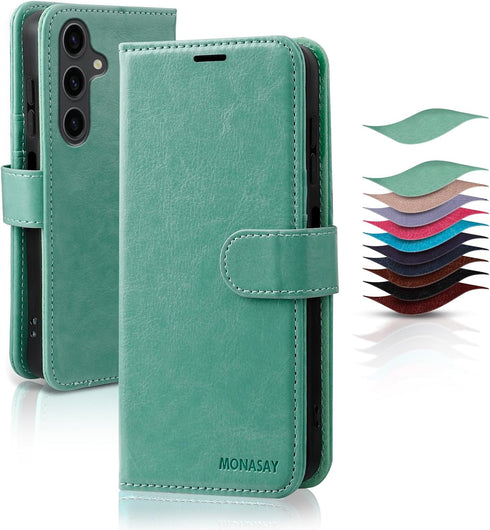MONASAY Mint Wallet Case for Samsung Galaxy A25 5G, RFID Blocking, Flip Folio Leather, with Glass Screen Protector &
