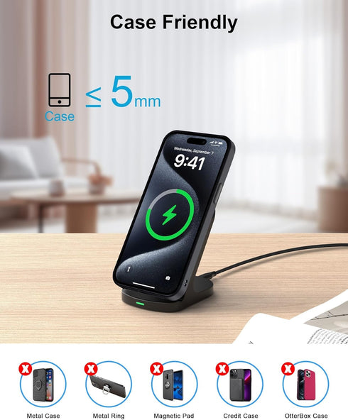 Wireless Charger Stand, Android Cordless QI Charging Pad for Galaxy S24 Ultra, Google Pixel, Apple iPhone 15