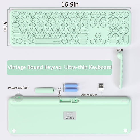 UBOTIE Wireless Green Keyboard, Bluetooth 2.4GHz Dual Mode Connection, Slim Quiet Round Keycaps, Full Size for PC MAC