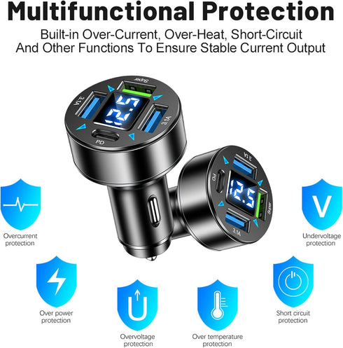 Fast Car Charger, 4 Ports Cigarette Lighter USB Charger with LED Voltmeter, PD3.1/Super Port Car Charger Adapter for