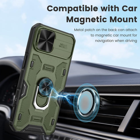 Caka Case for iPhone 14 Plus - Camera Cover & Kickstand, 360° Rotate Ring Stand, Green