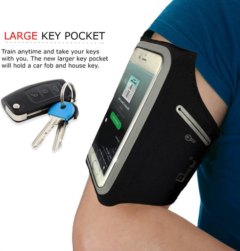 RevereSport Waterproof Running Armband for iPhone 12 Mini with Extra Pockets for Keys, Cash, and Cards, Black