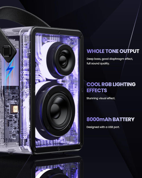 Raymate 80W Subwoofer-V5.3, 15H 8000mAh Bluetooth Speakers Wireless, Speakers with HiFi Stereo Sound, Rhythmic Lighting