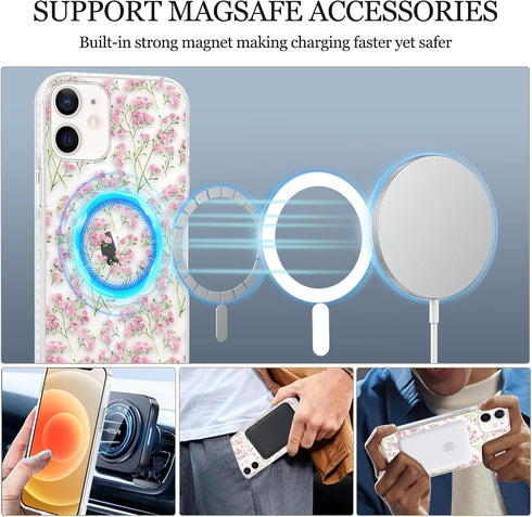 Zrutru 12/12 6.1",Aesthetic 12 Cute Flower Magnetic Phone Case for iPhone Pro Pink Floral Cases Girly Design Cover