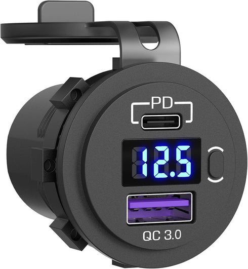 Qidoe USB C Car Charger Socket, 12V/24V Dual USB Outlet with LED Voltmeter & ON/Off Switch for Car, Boat, Truck