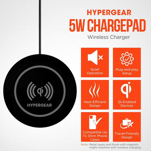 HyperGear ChargePad - 5W Universal Wireless Charging Pad & Fast Wireless Charger w/LED Power Indicator Compatible with iPhone, Android, Apple Watch, AirPods, Includes 3ft. Micro USB Cable - Black