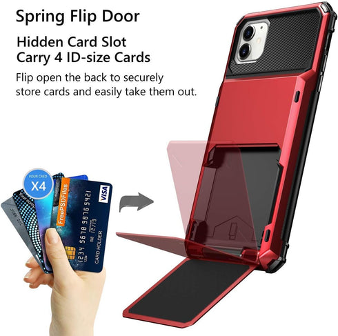 Vofolen Case for iPhone 11 Case Wallet 4-Card Holder ID Slot Flip Door Hidden Pocket Anti-Scratch Dual Layer Hybrid TPU Bumper Armor Protective Hard Shell Back Cover for iPhone 11 6.1 inch Red
