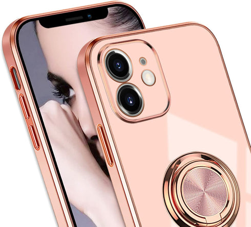 Omorro Pink iPhone 11 Case for Women, Ring Holder with Built-in 360 TPU Rotation Kickstand, Glitter Plating Rose Gold