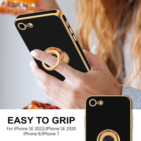 Hython Case for iPhone SE 2022, iPhone SE 2020, iPhone 7 Case, iPhone 8 Case with Ring Holder Stand Magnetic Kickstand, Plating Rose Gold Soft TPU Bumper Camera Protection Shockproof Phone Cases-Black