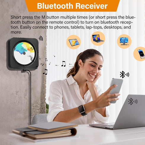 Portable CD Player with Bluetooth, Desktop Music Player with Remote Control, Supports CD/FM Radio/USB/AUX - Black