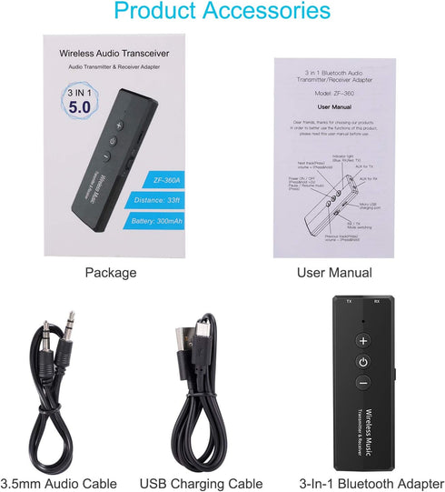 Upgraded Bluetooth 5.3 Transmitter 3-in-1, Portable Wireless Rechargeable Adapter for TV PC, Stereo Audio Receiver