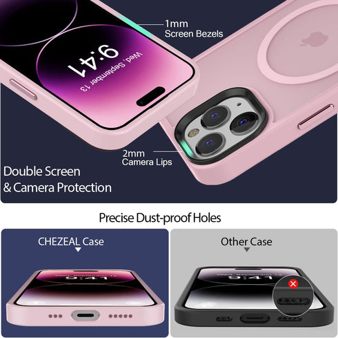 Magnetic iPhone 14 Pro Max Case, Slim Protective Translucent Matte with Military-Grade Protection, 6.7 inch, Pink