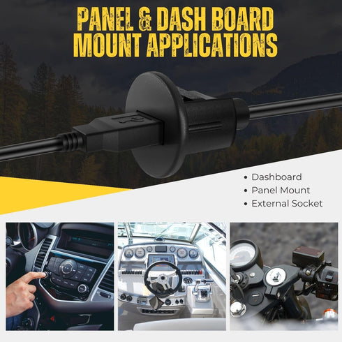 TNP USB Flush Mount Cable with Buckle, Dashboard Panel 1 Port USB Socket Plug Connector, Water Resistant (1.8M / 6FT)