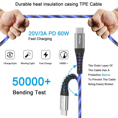 USB C to USB C Fast Charging Cable 6ft 60W 3A Charger with Led Light up Compatible with Samsung Galaxy S23/S22