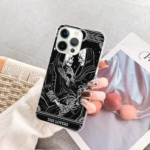 The Lovers Tarot Card Skull Black Case for iPhone 15 Pro, Trippy Psychedelic Aesthetic Cool Skeleton Case (Unique