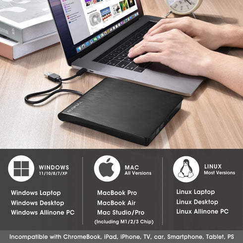 ROOFULL External CD DVD Drive, USB 3.0 Type-C Portable CD/DVD-ROM +/-RW for Laptop PC, Windows, Mac, Linux