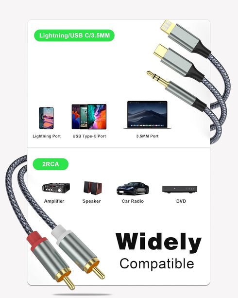 Lightning to RCA Cable Audio Aux Adapter(10.3M),RCA to 3.5mm Cable,USB C to 2 RCA Audio Cable, (3 in 1 Audio Cable) for Power Amplifier, Car, Home Theater, Speaker and More(Lightning Compatible)