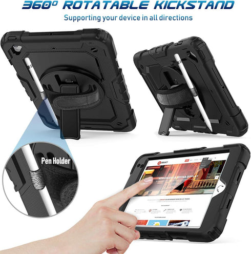 Timecity Case Compatible for iPad Mini 5/4, Full-Body Protective Case with Screen Protector, 360 Rotating Stand, Black