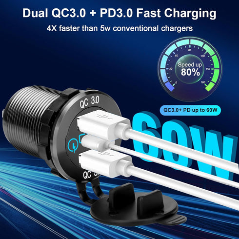 12V 60W USB C Car Charger Socket, 30W PD Type-C & 30W Dual QC 3.0 USB Socket Port, 12V 24V USB Outlet Quick Charge Socket with Touch Switch for Car RV Boat Marine Motorcycle Truck Golf Cart, Black