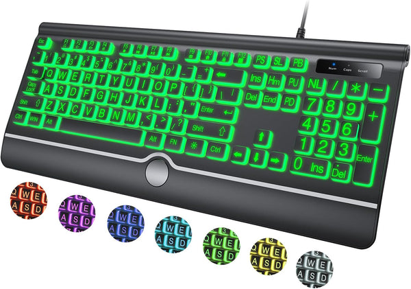 Wired Gaming Keyboard, Full-Size 7-Color Backlit with Wrist Rest, USB Plug-and-Play for PC, Laptop