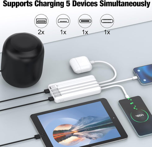 TXQX 10000mAh Pack 5 3 Portable Charger with Built in Cables,High Speed Power Bank Travel Battery Outputs Inputs