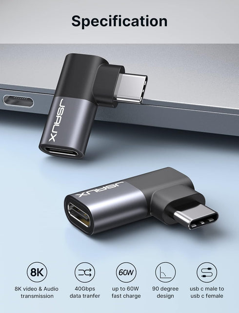 JSAUX 90 Degree USB-C Male to USB-C Female Adapter 2-Pack, 40Gbps Data Transfer PD 100W USB Type-C 3.1 Extender for MacBook, ROG Ally, Switch, Steam Deck, VR, iPhone 15 and More Laptop, Tablet, Phone