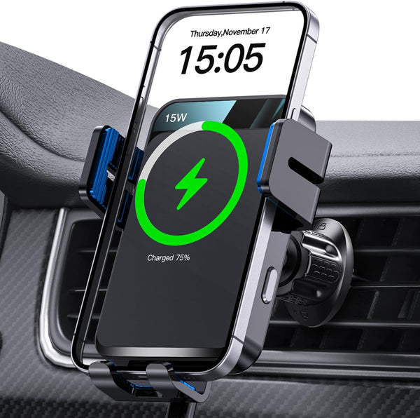 Wireless Car Charger, MOKPR Auto-Clamping 15W/10W/7.5W Fast Charging Air Vent Mount for iPhone 15/14/13/12/11