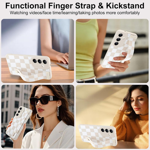 OOK S25FE 5G Compatible with Samsung Galaxy Silicone Phone Case with Strap, Trendy Checkerboard Pattern for Women