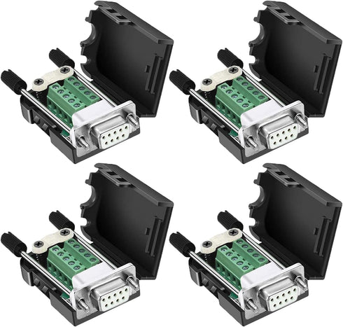 DB9 Female Connector, 4 Pack Solderless RS232 D-SUB Breakout Connector with Case, Long Bolts Tail Pipe