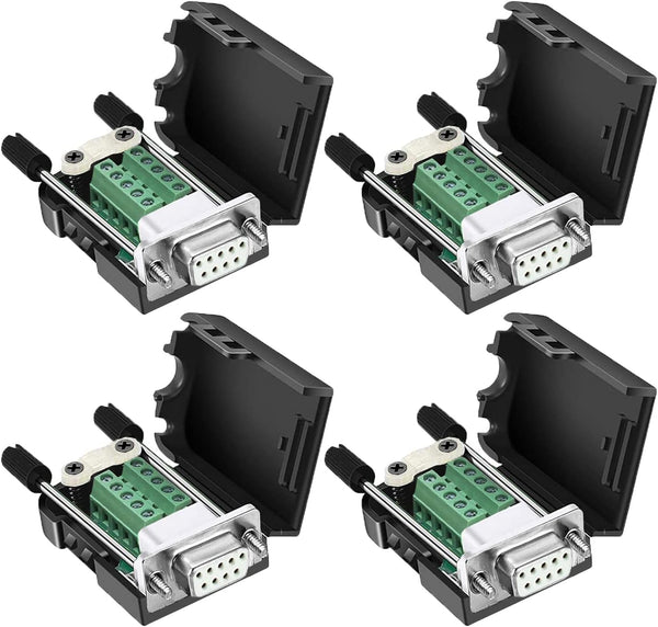 DB9 Female Connector, 4 Pack Solderless RS232 D-SUB Breakout Connector with Case, Long Bolts Tail Pipe