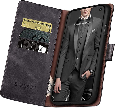 SUANPOT Leather Wallet Case for Samsung Galaxy S10e 5.8" with RFID Blocking, Flip Folio Book Shockproof Cover (Black)