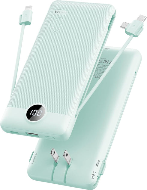 VRURC Portable Charger 10000mAh, Built-in Cables & AC Wall Plug, Compact Lightweight Power Bank for Smart Phones - Green